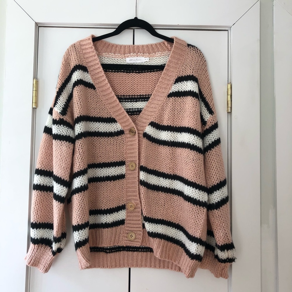 Pink & Black Striped Button Down Cardigan